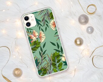 Könnte beinhalten: Eine transparente Handyhülle mit grünem Hintergrund und einem Blumenmuster. Die Blumen sind weiß und rosa mit grünen Blättern.