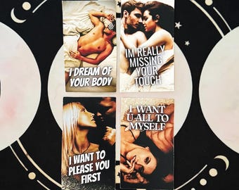 May include: Four rectangular cards featuring romantic photographic imagery and white text. The cards display the phrases I DREAM OF YOUR BODY, IM REALLY MISSING YOUR TOUCH, I WANT TO PLEASE YOU FIRST, and I WANT U ALL TO MYSELF.