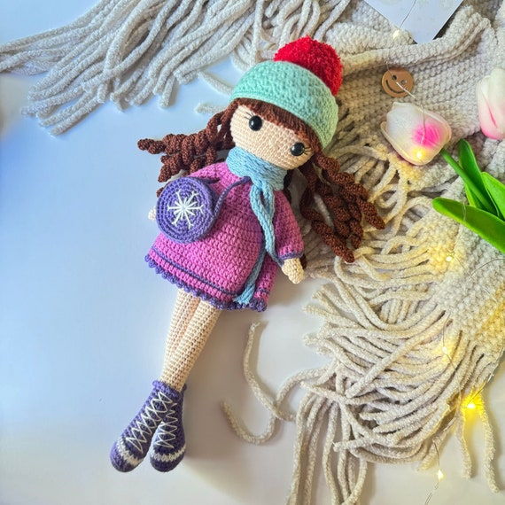 Handmade crochet curly hair doll, Christmas birthday Gift for daughter,  Granddaughter, Knit doll with accessories, Toys for girls
