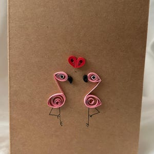 Carte de voeux piquante faite main - flamants roses mignons avec coeur