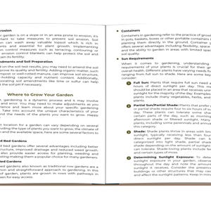 May include: Open book with gardening tips. Topics include soil erosion, soil preparation, and container gardening. Also discusses sun requirements for plants, including full sun, partial shade, and shade. The book is open to a double-page spread.