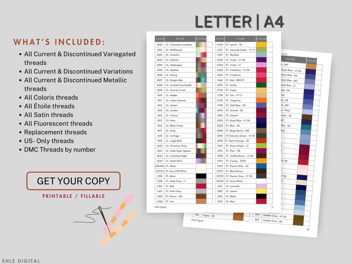 Printable DMC Color Chart, Fillable Color Chart Inventory Tracker Sheet ...