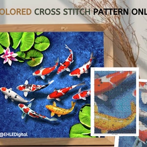 Cross Stitch Pattern Koi Fish Easy x-stitch Pattern, Cross Stitch Chart, Colored  Pattern, Lucky 9 Koi Fish Pattern, Instant PDF Download