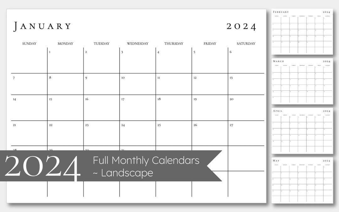 2024 black/white Landscape Printable Calendar Sleek Etsy