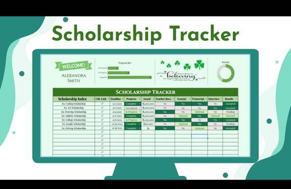 Scholarship Tracker [LUCKY GREEN] ~ Google Sheets Spreadsheet Template ~ Track Scholarship Progress, Results, Deadlines, & Materials!
