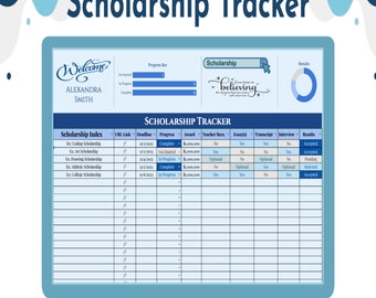 May include: A computer screen displaying a scholarship tracker spreadsheet with columns for scholarship index, URL link, deadline, progress, award amount, teacher recommendation, essays, transcript, interview, and results. The spreadsheet is filled with data and includes a progress bar, a search bar, and a pie chart.