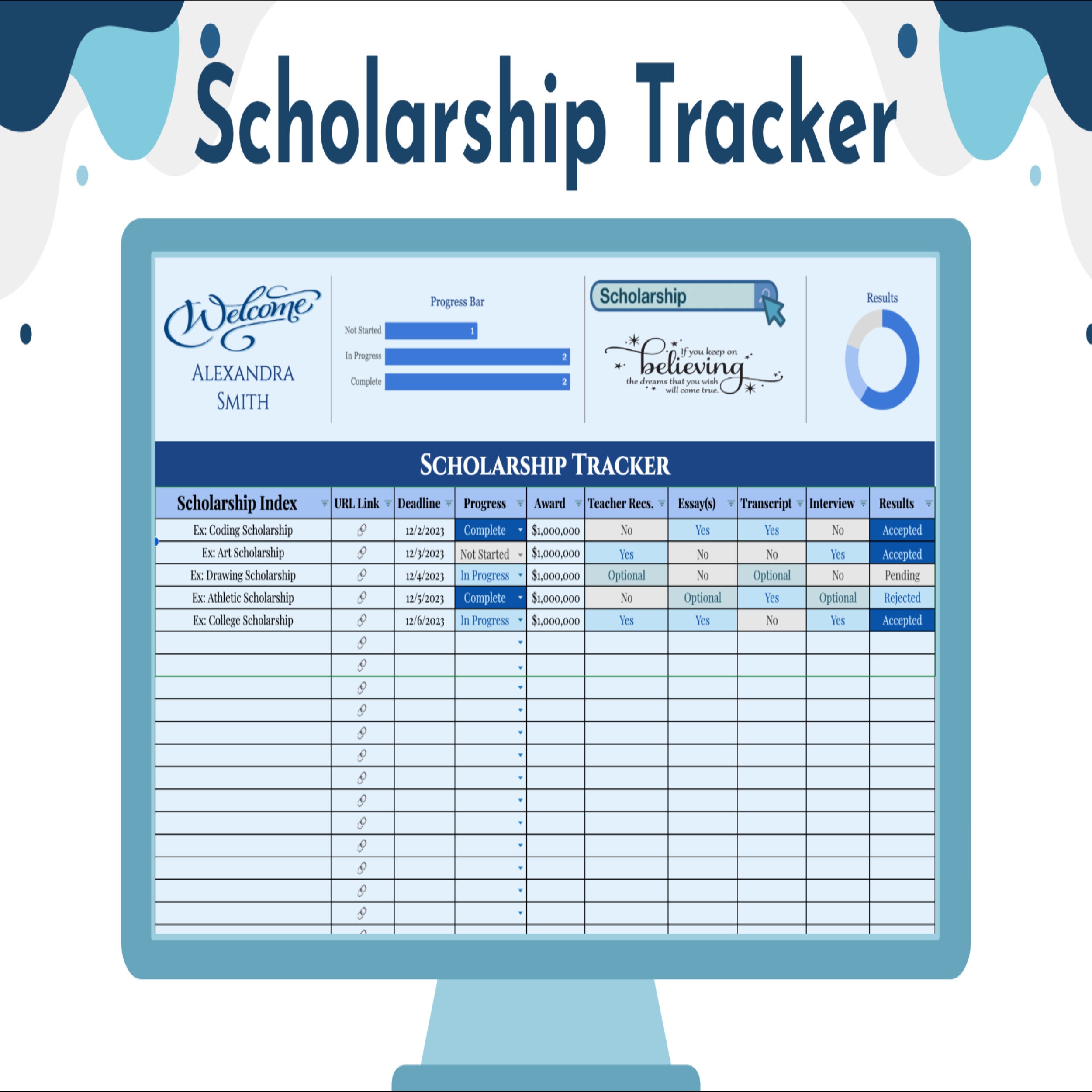 Scholarship Tracker BLUE Google Sheets Spreadsheet Template Track Scholarship Tracker BLUE Google Sheets Spreadsheet Template Track