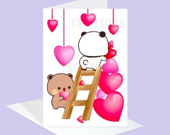 May include: A white bear and a brown bear holding hearts climb a wooden ladder with pink hearts hanging from the top. The bears are surrounded by pink hearts.