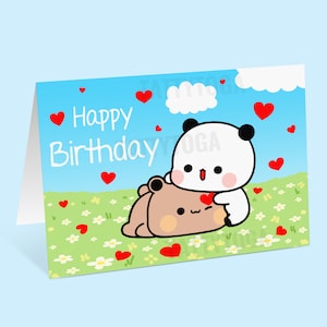 May include: A birthday card featuring a white panda bear hugging a brown bear with the text "Happy Birthday" in white letters on a blue background with red hearts.