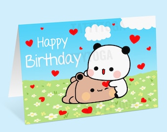 May include: A birthday card featuring a white panda bear hugging a brown bear with the text "Happy Birthday" in white letters on a blue background with red hearts.