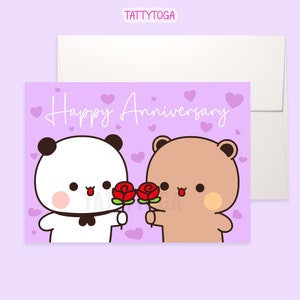 May include: A purple card with the text "Happy Anniversary" in white script. Two cartoon animals, a panda and a bear, are holding red roses. The panda is white with black ears and eyes, and the bear is brown with brown ears and eyes. The card is decorated with small white hearts.