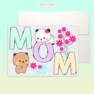 May include: A greeting card with the word "MOM" in pastel colors, featuring cartoon panda and bear characters. Pink flowers and a white envelope complete the design. The brand name "TATTYTOGA" is at the top.