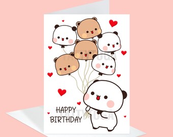 May include: A white card with a happy birthday message and a cartoon panda holding a bunch of panda and bear balloons with red hearts. The card has the text "Happy Birthday" on it.