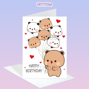 May include: A white card with a brown bear holding a bunch of panda and bear balloons. The balloons are tied together with red string. The card has the text "Happy Birthday" on it.