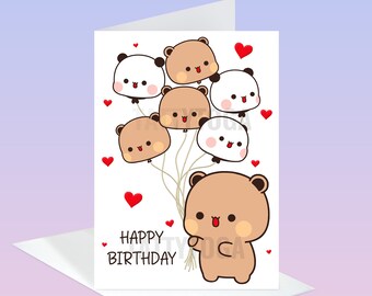 May include: A white card with a brown bear holding a bunch of panda and bear balloons. The balloons are tied together with red string. The card has the text "Happy Birthday" on it.