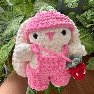 Handmade Crochet Strawberry Bunny in a with strawberry bag, Cute Crochet Rabbit in a overalls