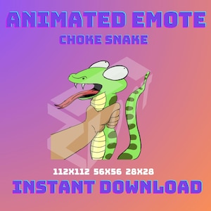 Puede incluir: Emoticono animado de una serpiente verde con la boca abierta y ojos grandes, estrangulando una mano. El texto "Animated Emote" y "Choke Snake" está por encima de la imagen. El texto "112x112 56x56 28x28" y "Instant Download" está debajo de la imagen.