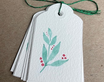 10 Handmade Watercolor Gift Tags. Unique mistletoe designs, colorful paintings. Perfect for Christmas!