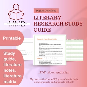 May include: Printable study guide for literary research with a pink and green color scheme. The guide includes a research paper study guide with steps for writing a research paper and a literature matrix. The text on the image reads "Printable Study Guide, Literature Notes, Literature Matrix. .PDF, .docx, and .xlsx. My own method as a GPA 4.0 student in both undergraduate and graduate school!"
