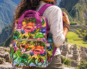 Rainbow Garden Canvas Backpack, Colorful Floral Laptop Bookbag for Women, Vibrant College Travel Rucksack