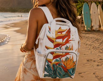 Tropical Bouquet Canvas Backpack, Floral Laptop Bookbag for Women, Botanical Commuter Travel Rucksack