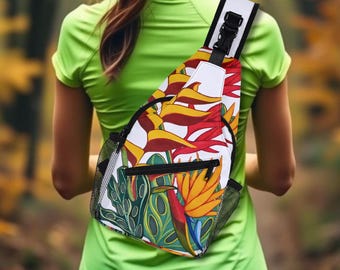 Tropical Bouquet Crossbody Sling Bag. Chest Bag with Adjustable Strap
