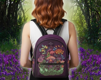 Small Backpack, Royal Purple Fairy Garden, Faux Leather Cottagecore, Whimsical Witchcore