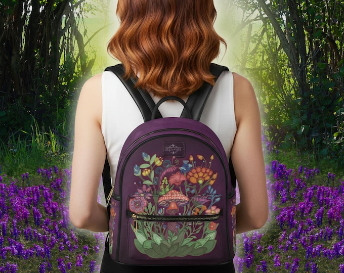 Featured listing image: Small Backpack, Royal Purple Fairy Garden, Faux Leather Cottagecore, Whimsical Witchcore