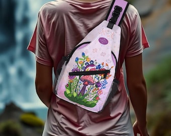 Crossbody Sling Bag: Pink Fairy Garden. Adjustable Strap. Chest Pack for the Gym