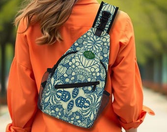 Crossbody Sling Bag: Blue Brocadesque. Chest Pack with Adjustable Strap