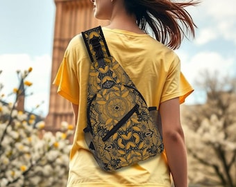 Crossbody Sling Bag: Copper Brocadesque. Chest Pack with Adjustable Strap