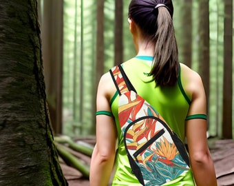 Small Tropical Crossbody Sling Canvas Backpack for Men or Women. Chest Bag for the Gym or Travel
