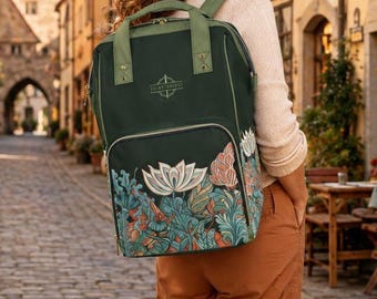 Ellies Garden Canvas Backpack, Extra Large Floral Laptop Bookbag for Women, College Travel Rucksack
