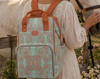Teal Brocadesque Canvas Backpack, Ornate Pattern Laptop Bookbag for Women, Boho Travel Rucksack