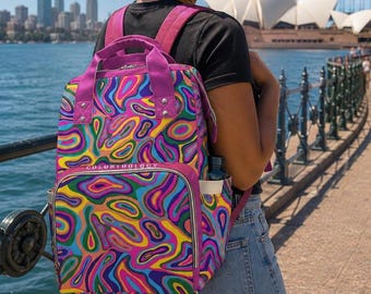 Fuchsia Paint Drip Canvas Backpack, Abstract Art Laptop Bookbag, Vibrant College Travel Rucksack