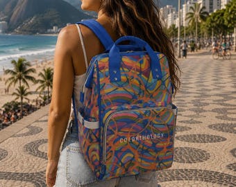 Color Waves Canvas Backpack, Abstract Colorful Laptop Bookbag, Commuter Travel Rucksack