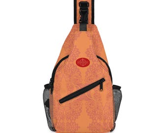 Orange Brocadesque Sling Bag: Unisex Crossbody Chest Pack, Adjustable Strap
