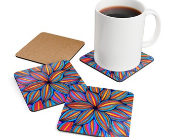 Blue Radiance Cork Coaster Set. Coffee Table Decor. Unique and Colorful New Home Housewarming Gift