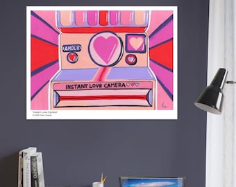 Instant Love Camera Art Print, Retro Pink Camera Poster