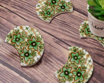 Green Bellflower Ceramic Coasters Set, Expandable Trivet, Perfect Housewarming Gift, New Home Gift