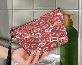 Makeup Organizer: Red and Black Pattern. Cosmetic Bag Clutch. Vegan Leather Pencil Pouch. Sling Zipper Travel Toiletry Bag. Jewelry Case