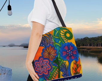 Lined Tote Bag: Spiral Flowers Design. Retro Floral Mandala Shopper, Perfect Gift for Her. For the Math or Fractal Art lover