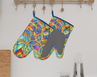 Color Waves Oven Mitts, Silicone Heat Resistant Kitchen Gloves, Non-Slip, Easy Grip, Bright and Colorful Cooking Accessories