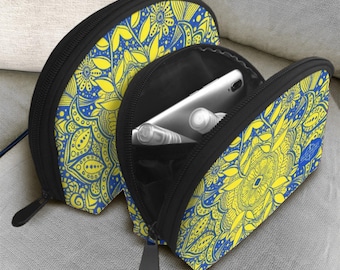 Blue and Yellow Brocadesque Toiletry Bags Set of 2. Makeup Bag. Travel Accessories