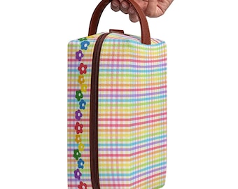 Pastel Gingham Large Toiletry Bag | Travel Makeup Organizer PU Leather Waterproof Cosmetic Pouch