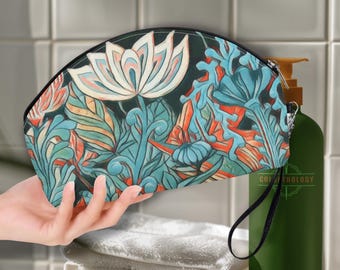 Ellie's Garden Curved Makeup Organizer. Cosmetic Bag Clutch. Vegan Leather Pencil Pouch. Travel Jewelry Case