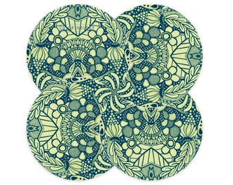 Green Brocadesque Ceramic Coaster Set. Expandable Trivet. Crescent Shaped Hotpot Mat.