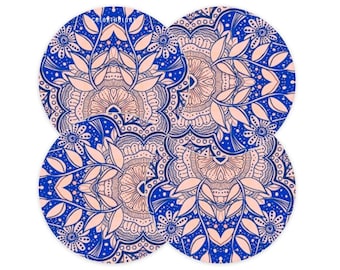 Cerrilion Brocadesque Ceramic Coaster Set. Expandable Trivet. Crescent Shaped Hotpot Mat.