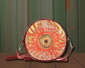 Kostandia Sunflower Small Round Crossbody Bag. Cute Vegan Leather Messenger Mini Purse