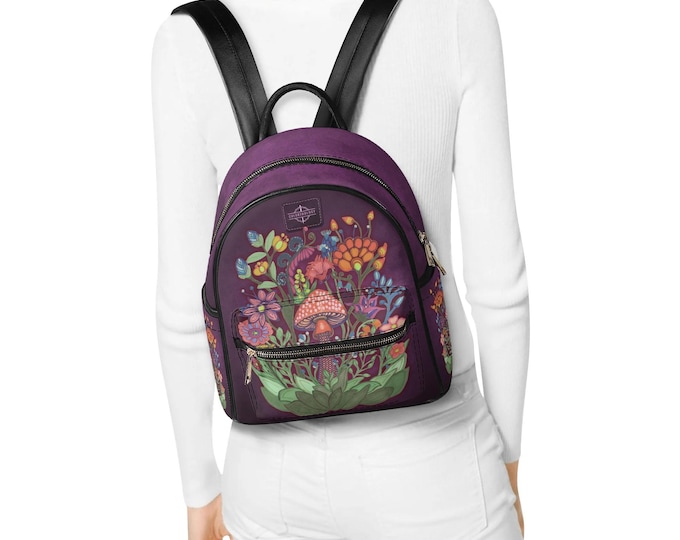 Featured listing image: Small Backpack, Royal Purple Fairy Garden, Faux Leather Cottagecore, Whimsical Witchcore